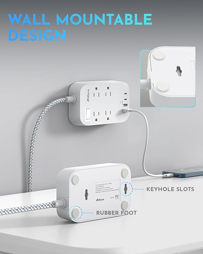 15FT Extension Cord, Flat Plug Power Strip with USB C, 4 Outlets with 4 USB Ports, Wall Mount, Overload Protection, Desk Charging Station for Office, School, Dorm Room Essentials, ETL Listed
