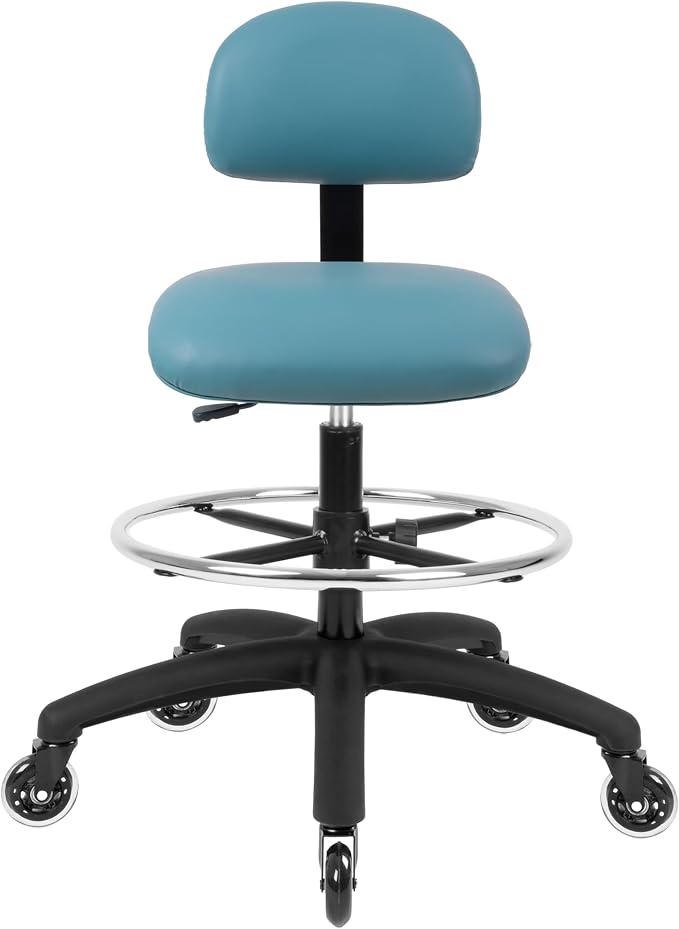 FSS Series Square seat Tall (25"-35") seat Height Chair. Vinyl-for Office, Garage, Desk, Shop, Computer, Doctor, Medical, Easy to Clean! 18" Footring (Aqua, Tall, Rubber Roller Casters)