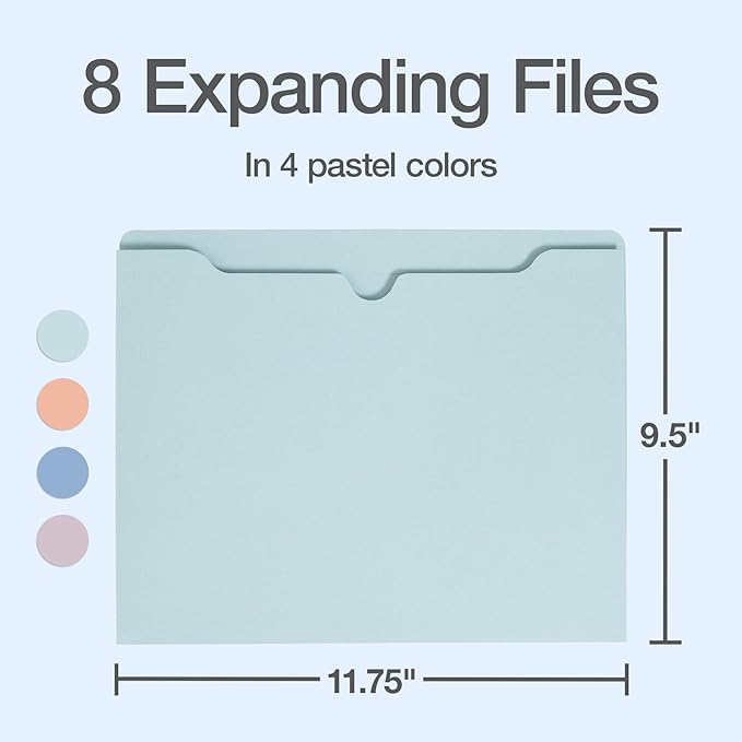 Oxford Expanding File Folders, 8 Pack, Closed Sides, Expands 2", 4 Pastel Colors, Letter Size (8.5" x 11"), Color-Coding for School, Office & Home Document Organization