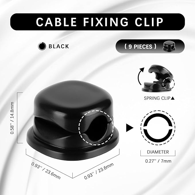 Desk Cord Holder, 9PACK Cord Organizer Clips, Spring-Loaded Cable Management for Nightstand, Car & Office – Premium Adhesive, Easy Access, No Damage, Phone Charger Wire & More, Black