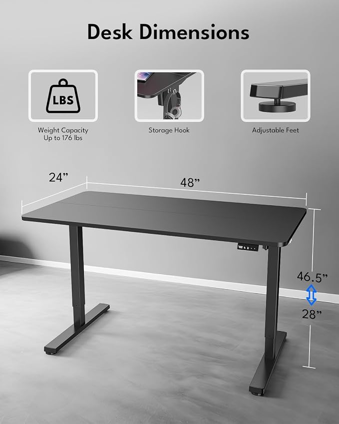 Electric Standing Desk, Gaming Desk, 48 x 24 Inch, Black | Height Adjustable Computer Desk with Smart Controller, Sit and Stand Up Table for Home, Office, Work, Study, Writing