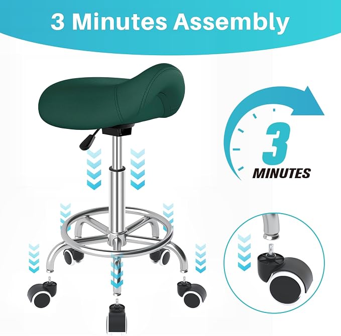 YEEZEE Saddle Stool Ergonomic, Saddle Chair with Wheels, Green | Comfortable Wide Thick Saddle Seat Padding, 360°Swivel, Adjustable Height, Ring Pedal Design, for Medical Massage Salon Spa
