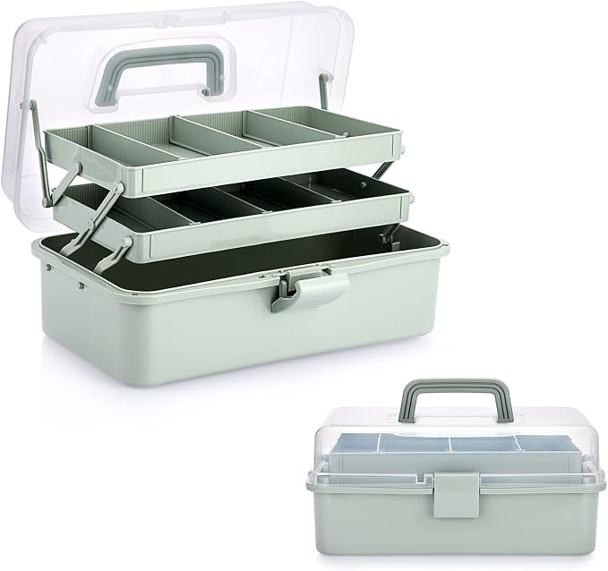 BTSKY 3-Layer Plastic Dividing Storage Box Craft Organizer and Storage | Portable Handled Art Supply Organizer with Adjustable Spacers Multipurpose Home Utility Box for Medicine Sewing(Haze Green)