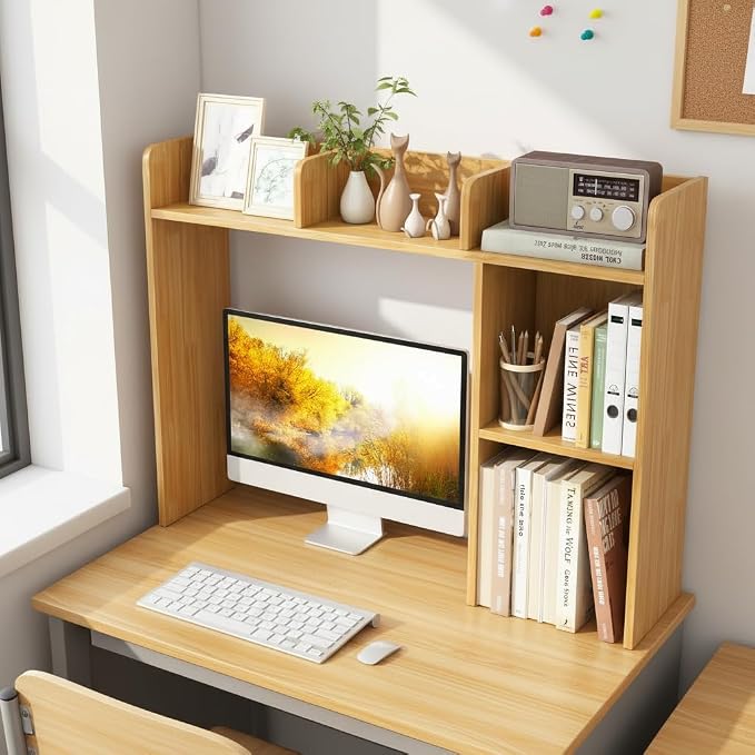 Tangkula Desktop Bookshelf, Countertop Storage Hutch with Shelves for Computer Desk, Desk 3-Tier Display Rack, Multipurpose Wood Desktop Hutch Storage Organizer for Dorm Office