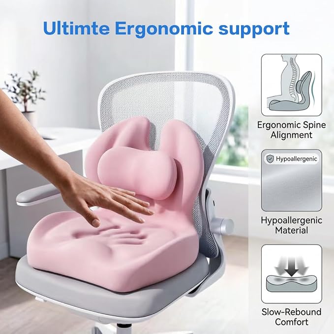 Adjustable Memory Foam Lumbar Cushion - Ergonomic Lower Back Support Pillow with Cotton Cover, Mid-Height Customizable Design for Office Chair, Car Seat, Long Sitting (Pink, Large)