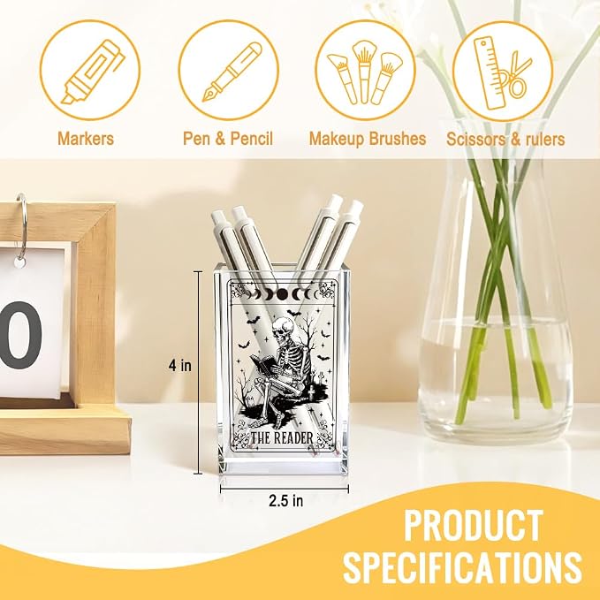 The Reader Acrylic Cosmetic Pencil Pen Holder Cup, Funny Bookworm Skeleton Theme Gifts for Bookworm Book Lover Reader Book Club Member College Student, Thank You Gifts for Librarian Teacher