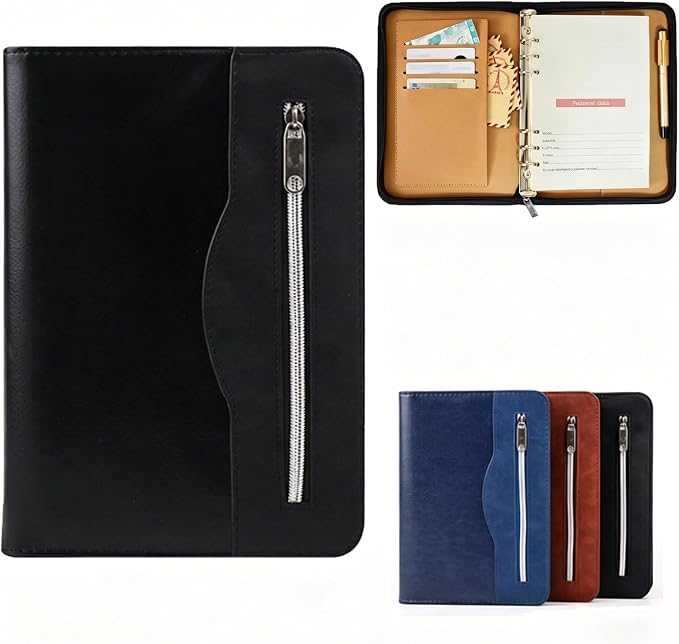Marte Vanci A5 Padfolio PU Leather Business Portfolio Zippered Conference Folder Organizer 6 Ring Lined Notebook Binder Loose Leaf Refillable Travel Journal Gift for Men (Black)