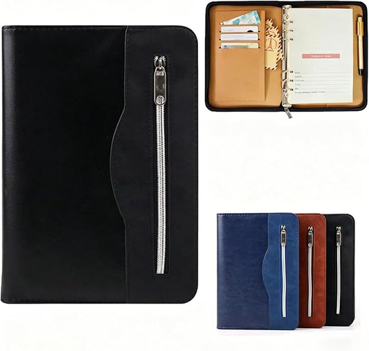Marte Vanci A5 Padfolio PU Leather Business Portfolio Zippered Conference Folder Organizer 6 Ring Lined Notebook Binder Loose Leaf Refillable Travel Journal Gift for Men (Black)