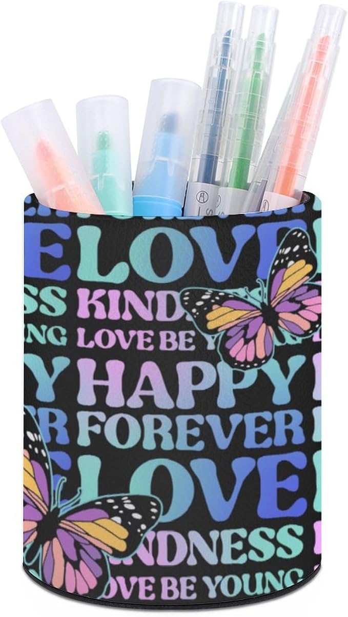 Love Pen Holder for Desk PU Pencil Cup Organizer | Round Desks Makeup Brush Holder for School Multifunctional Office Supplies