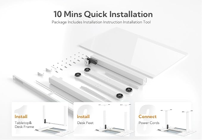 Claiks 55x24 Inch Super White Glass Standing Desk | Adjustable Height, Tempered Glass Top, Stand Up, Quick Install, 3 Memory Presets