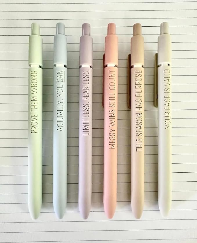 6-Pen Set | Motivational Mantras Soft-Touch Engraved Gel Pens｜Words of Empowerment Uplifting Affirmation for Her Graduation Birthday｜Office Supplies (Silver Pastel)