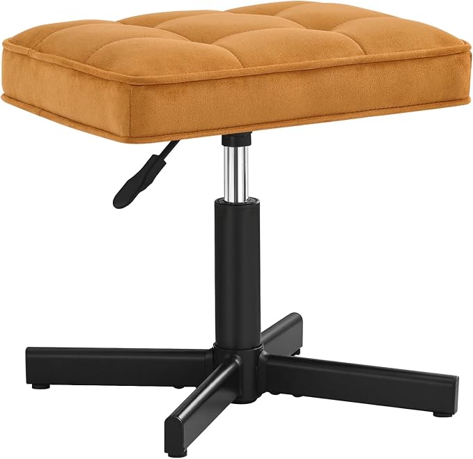 LUE BONA Adjustable Vanity Stool, 15''-19.5'' Foot Rest Under Desk, 360° Swivel Vanity Chair for Makeup Room, Ginger Yellow Upholstered Suede Ottoman for Bathroom & Living Room, 300lbs