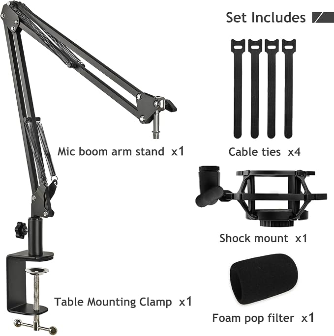 AT2020 Mic Stand, Adjustable Mic Boom Arm with Shock Mount, Foam Windscreen and Cable Ties, for AT2020 AT2020USB AT2020USB+ AT2035
