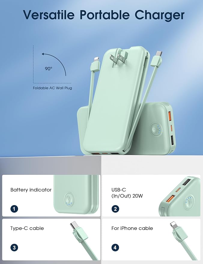 Nusyddy Portable Charger 10000mAh PD20W w/Built-in Cables & Wall Plug Green | PD20W Fast Charging, Battery Indicator, Pass Through Charging, TSA Approved, Compact/Slim, Power Bank for iPhone/iPad/Samsung
