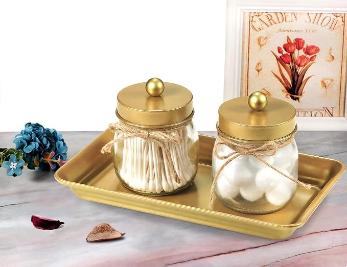 SheeChung Metal Vanity Tray, Bathroom Counter Storage Tray, Gold 4 Pack | Sturdy Decorative Tray Holder, Farmhouse Vintage Decor Accessories for Perfume, Cosmetics, Jewelry, Makeup, Guest Hand Towel