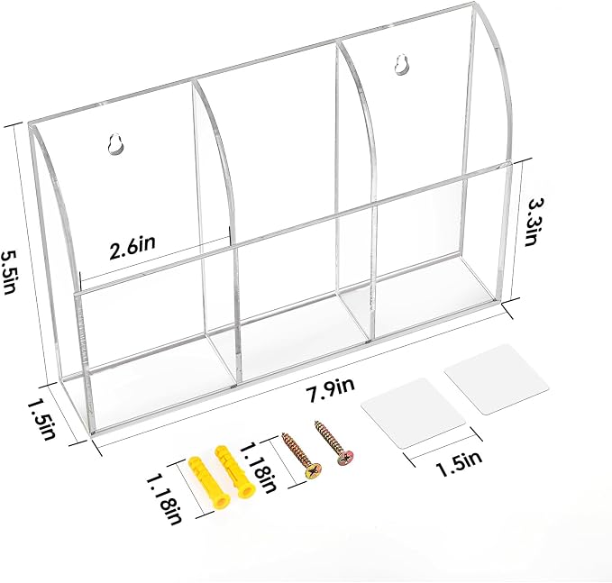 MaxGear Wall Marker Holder & Remote Control Organizer 3-Compartment | Clear Acrylic Dry Erase Board Marker & Pen Holder for Wall Mount, Includes Adhesive & Screws for Home/Office/Classroom