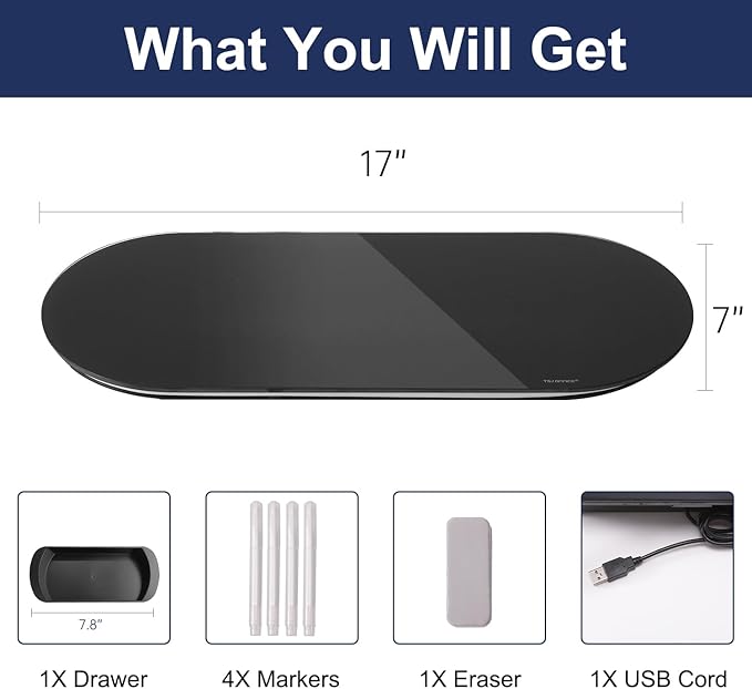 TSJ OFFICE Glass Desktop Whiteboard - 17 X 7 Inches Small Dry Erase Board with Pink Light, Black Glass White Board Surface Notepad with 1 Drawer, Desk Organizers for Office, Home, School Supplies
