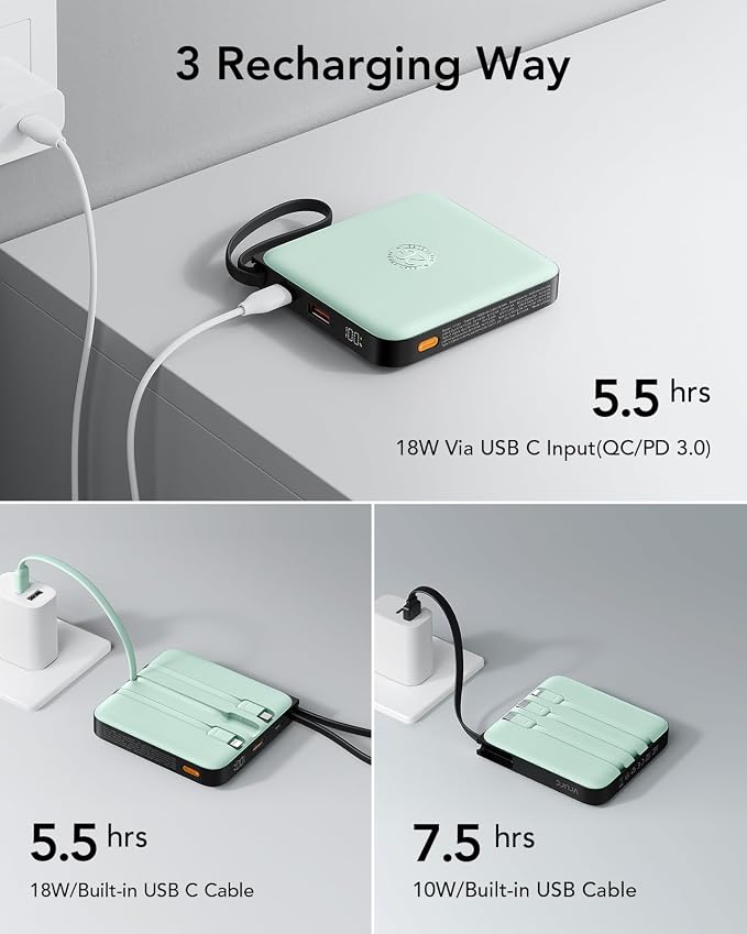 VRURC Portable Power Bank Built-in Cables, 20000mAh 22.5W Fast Charging USB C Battery Pack, Travel Essentials, Phone Charger Battery for iPhone 17/16/15 Series, Samsung Galaxy Series, Green(1 Pack)