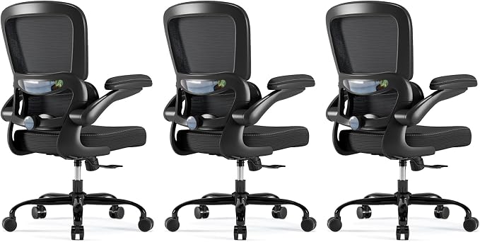 TRALT Ergonomic Office Chair - Desk Chair with Adjustable Headrest Lumbar Support Computer Chair - Mesh Comfy Chair with Flip-up Armrests - Gaming Chair for Adults Home Office PU, Black, Pack of 3