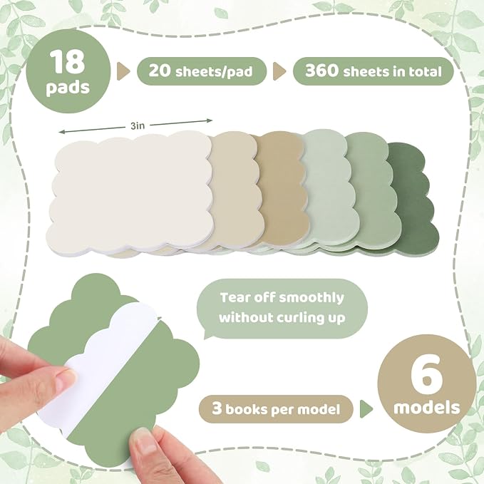 JarThenaAMCS 18 Pack Scalloped Sticky Notes Sage Green Beige Wavy Edge Memo Pads 3 Inch Self-Adhesive Notepads for School Office Home Accessories Party Decor Supplies, 360 Sheets