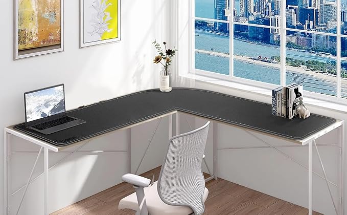 Chihein Leather Desk Mat L Shaped 61” x 80.7” x 23.6” - Big Gaming Corner Desk Pad, Non-Slip Waterproof Surface, Easy to Clean, Perfect for Office, Home (Black)