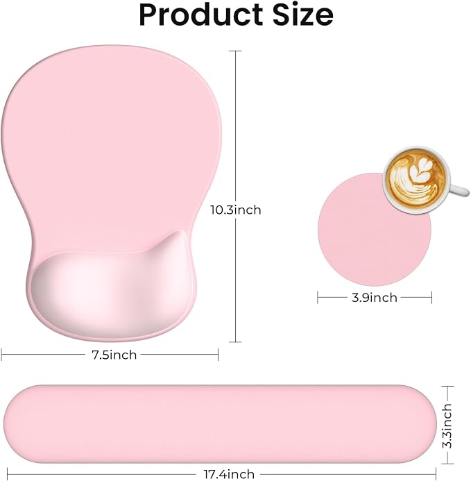 AKIT Ergonomic Mouse Pad and Keyboard Wrist Rest Set,Memory Foam,Pink | Gel Wrist Support for Typing Comfort,Non-slip Base,Fits Standard Keyboards and Mice,Reduces Fatigue During Long Work Sessions