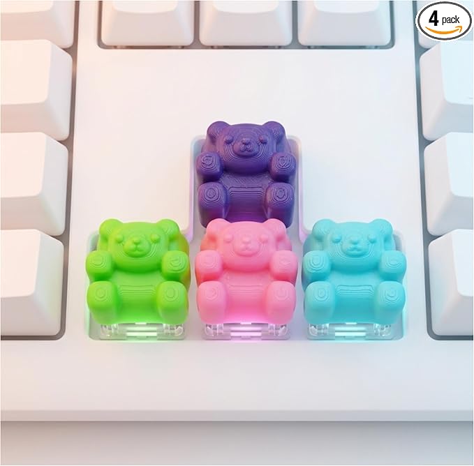 Kawaii Gummy Bear Keycaps - Pack of 4 Cute Colorful OEM Profile Artisan Keycap Set in Pink, Green, Baby Blue, & Purple Compatible with Mechanical Keyboard for Cool, Fun & Aesthetic Gaming PC Decor