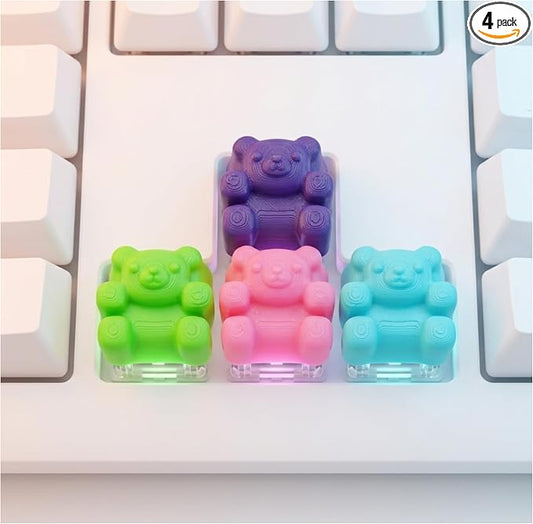 Kawaii Gummy Bear Keycaps - Pack of 4 Cute Colorful OEM Profile Artisan Keycap Set in Pink, Green, Baby Blue, & Purple Compatible with Mechanical Keyboard for Cool, Fun & Aesthetic Gaming PC Decor