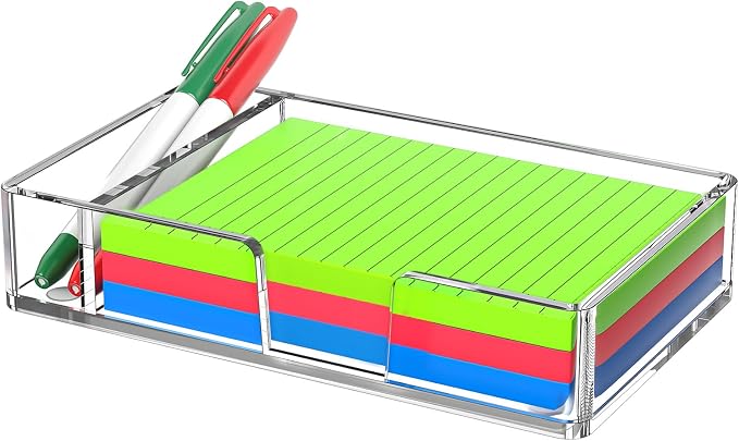 Sticky Note Holder with Pen Slot, Crystal Clear Acrylic Notepad Holder 4x6 in Self-Stick Note Dispenser Office Desk Accessories, Memo Pad Holder Organizer for Classroom School Supplies