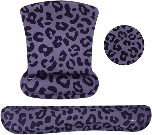 MOSISO Leopard Grain Wrist Rest Support for Mouse Pad&Keyboard Set, Purple | Ergonomic Mousepad&Coaster Non-Slip Base Home/Office Pain Relief&Easy Typing Cushion with Neoprene Cloth&Raised Memory Foam