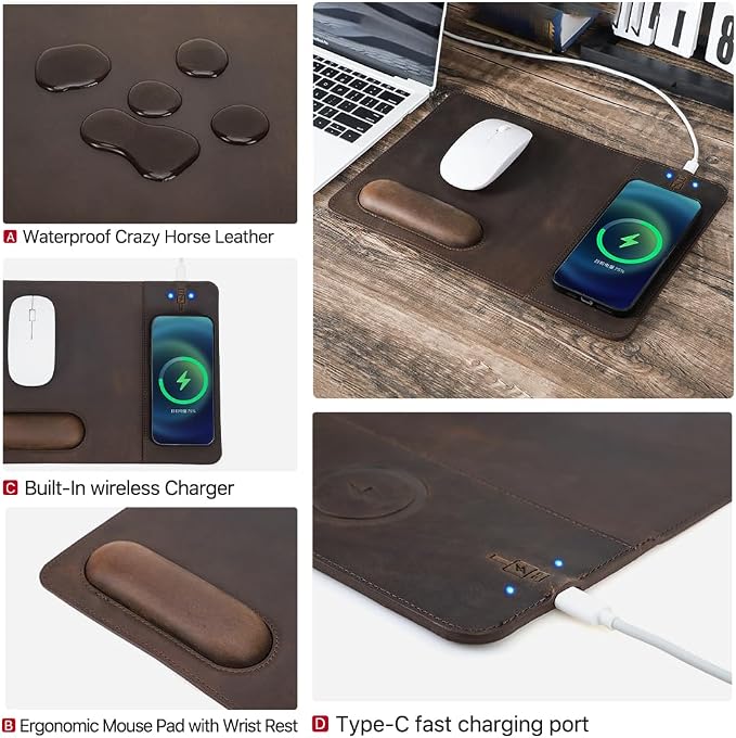 Hiram Premium Crazy Horse Leather Mouse Pad with 15W Wireless Charging - Ergonomic Wrist Rest, Waterproof, and High-End Cowhide Touch(12in x 9in)
