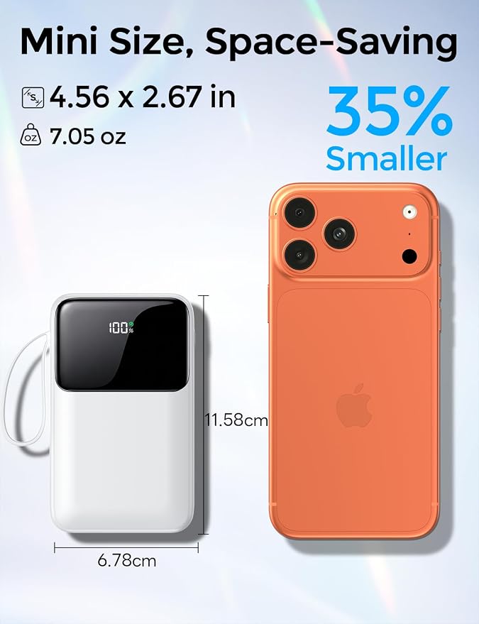 HELLEE Power Bank, 15000mAh Portable Charger with Built in Cable, 22.5W Fast Charging, 6 Outputs, Slim Travel Essential Battery Pack with LED Display, Compatible with iPhone 17/16/15/14/13, iPad White