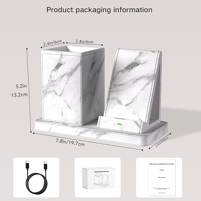 LADSTAG Multi-Functional Pencil Holder for Desk,marble Vegan Leather Organizers with Remote Control Holder,Pencil Holder Desk Organizer with Phone Wireless Charger for Office/Nightstand/Endtable