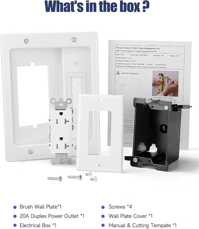 Wall Cable Concealer Kit, in Wall Cable Management Kit for TV, Recessed Outlet with Cable Management Box, in Wall Power Kit Hides TV Cords and Cables, Fits All Plugs, White