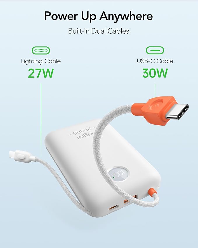 VIYISI Portable Charger 20000mAh 30W Fast Charging, White Aesthetic Power Bank with Built-in USB C & Lighting Cables, Compact Battery Pack Compatible with iPhone 17 16 15 Pro Max, iPad, Travel