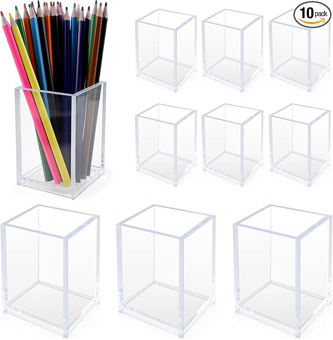 10 Pack Clear Acrylic Pen Holders, Pencil Cup Desk Organizers | Clear Acrylic Cups For Pens, Markers, Makeup Brushes, Stationery And Office School Home Supplies