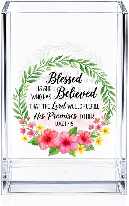 O Xipromi Blessed Is She Who Has Believed Cosmetic Pencil Pen Holder, Funny Christian Pen Organizer for Desk, Luke 1:45 Bible Verse Desk Accessories, Religious Gifts for Librarian Teacher Bookworm