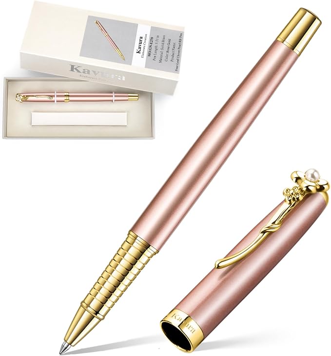 Four-Leaf Clover & Pearl Rollerball Pen – Elegant Brass Pen Gift Set for Women, Jewelry-Inspired Design, Glossy Finish, German Refill, Good Luck Gift for Her, New Job & Graduation (Rose Gold)