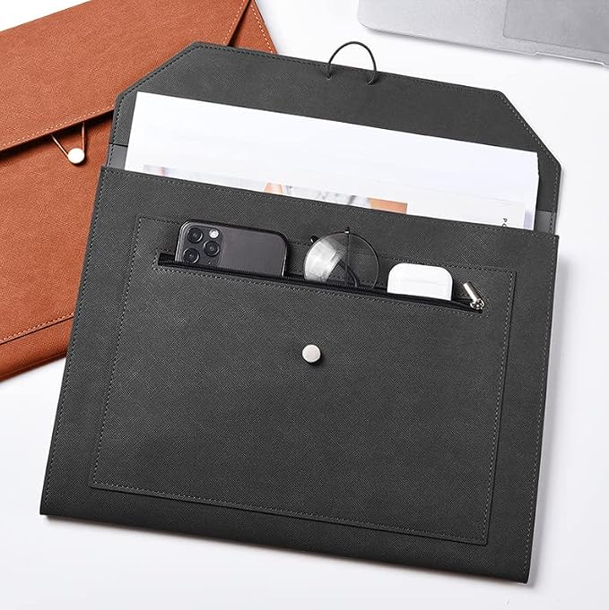 PU Leather A4 File Folder Document Holder 2 Pockets Portfolio Envelope Folder Case with Elastic String 3/4 Inch Expansion (Black&Brown)