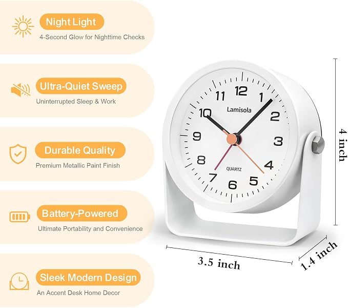 Lamisola 3.5 Inch Small Desk Battery Clock, White Alarm Clock for Bedroom | Travel Clock for Bathroom Table Shelf Bedside, Cute Metal Vintage