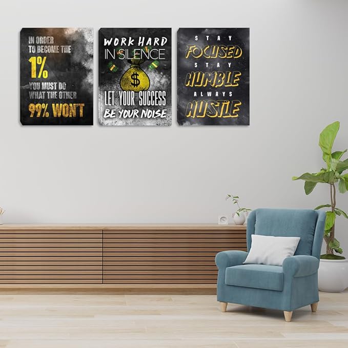 Motivational Canvas Wall Art Inspirational Success Quotes Wall Art Retro Black White Poster Hangs Picture Hustle Canvas Painting Artwork for Office Bedroom Living Room Workplace (36''Wx 16''H)