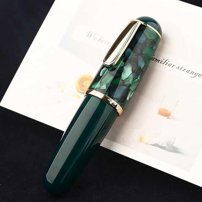 Lanxivi Majohn Q1 Fountain Pen Fine Point Green Marble, Little Fat Man Eyedropper Filling Pocket Pen Large Capacity