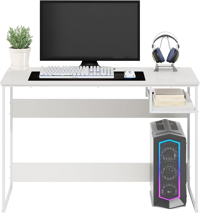 Furinno Moretti Desk, 45" Wide Metal Frame Gaming Desk with Open Shelf, Computer Desk, Writing Desk, Office Desk for Home Office, Study Room, Dorm, Bedroom, Solid White
