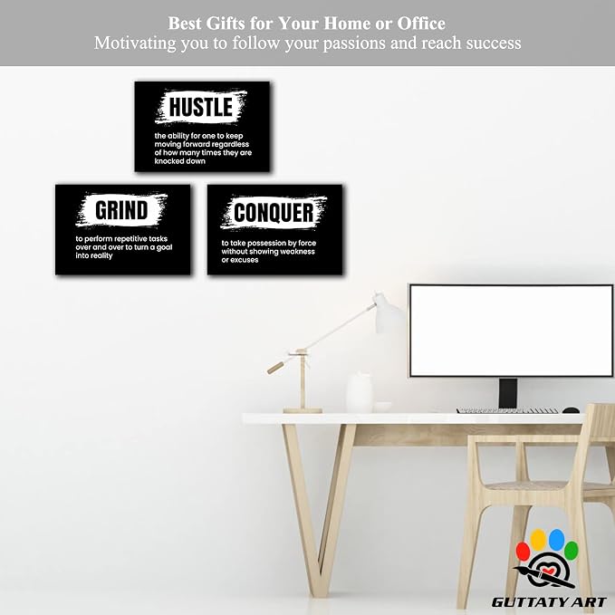 Office Wall Art - 3 Panel Motivational Wall Art, Inspirational Quotes Canvas Art for Home Office Wall Decor, Positive Quotes Wall Decor, Entrepreneur Grind Hustle Execution Poster Frame (12”x24”x3Pcs)