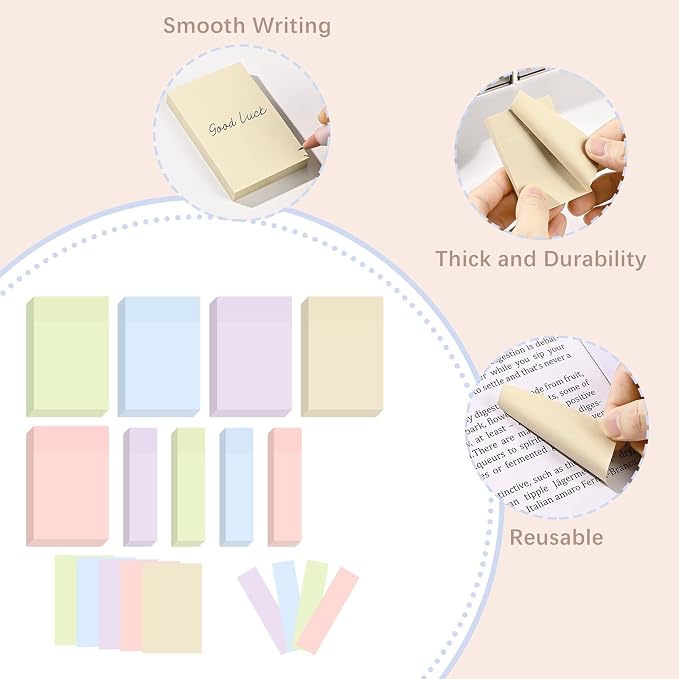 BAYTORY 6 Pads Pastel Sticky Notes, Small Self-Stick Note, Index Tabs Easy to Post for School Office Notebook (3x2 & 3x0.7 Inch)