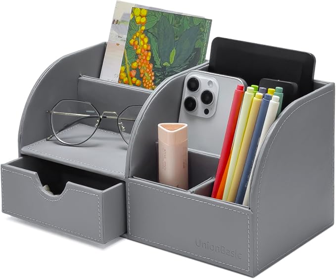 UnionBasic Desk Organizer - Multifunctional Leather Desktop Pen Holder Storage Box - Business Card/Pen/Pencil/Mobile Phone/Stationery Holder, Grey | Pen Holder Storage Box, Business Card/Pen/Pencil Holder, Mobile Phone Holder, Stationery Holder