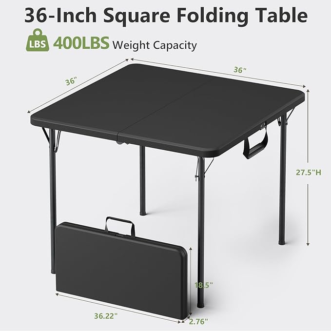 Folding Table, 36 Inch Square Foldable Card Table with Carrying Handle, Heavy Duty Fold-in-Half Portable Table No Assembly, Ideal for Picnic, Camping, RV Travel, Parties, BBQs, Crafting and Indoor Use