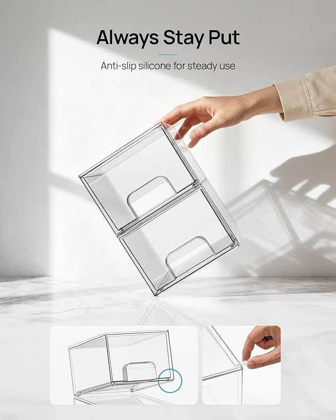 Vtopmart 4 Pack Small Clear Stackable Storage Drawers,Acrylic Bathroom Makeup Organizer,Plastic Storage Bins for Vanity, Undersink, Kitchen Cabinets, Pantry, Home Organization