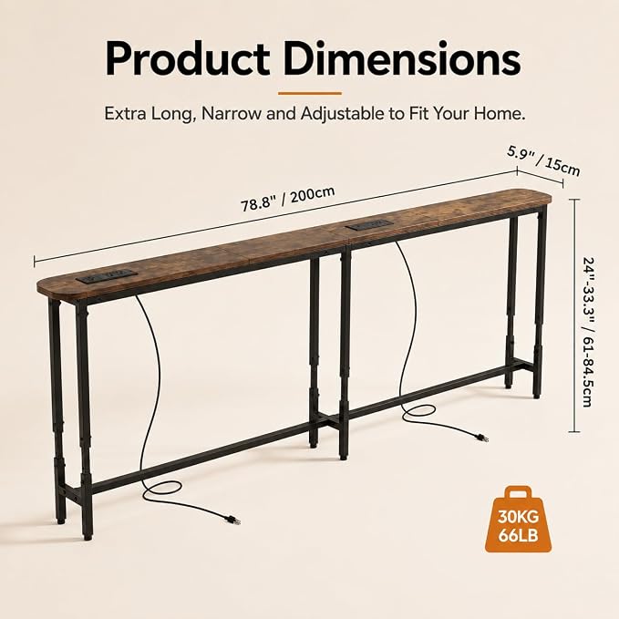 Forteek 78.8" Narrow Sofa Table with Power Outlets, Adjustable Height | Smooth Rounded Corner,Behind Couch with Storage for Living Room,2 USB Ports,Charging Station,Rustic Brown,Anti-Bump Pads