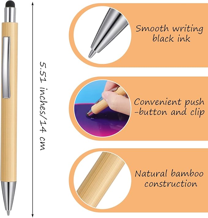 50Pcs Bamboo Pens, Bulk Wooden Pens, Engraving Wooden Ballpoint, Wood Natural Engraving Retractable Pen for Women Men Office Teacher Volunteer (Stylus Cap)